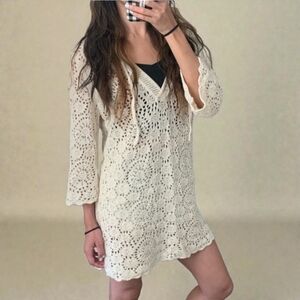 A.N.A Crochet Knit Cover Up Dress Size L  Ivory Cream Neck Ties Boho Beachy NWT